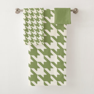 Large Houndstooth Pattern Sage Green and White Bath Towel Set