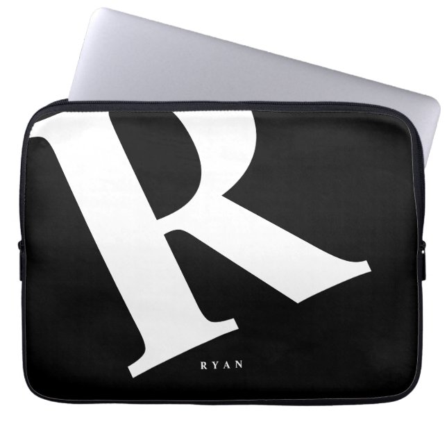 Large Initial | Modern Typography | Black Laptop Sleeve (Front)
