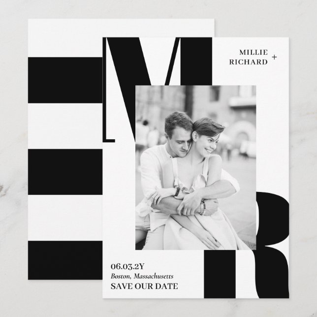 Large Initials Modern Black White Typography Photo Save The Date (Front/Back)