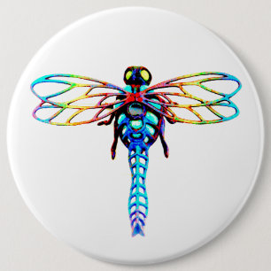 large iridescent dragonfly 6 cm round badge