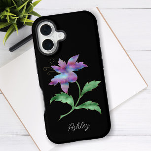 Large Iridescent Flower, Script Name on Black iPhone 16 Case