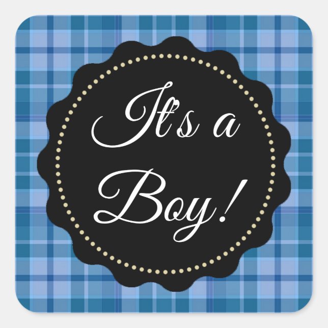 Large It's a Boy! Baby Shower Blue Plaid Stickers (Front)