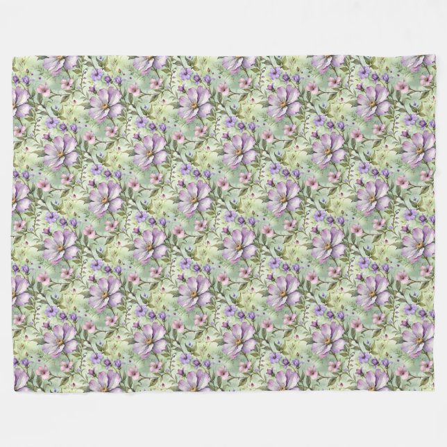 Large Lavender Flowers on Mint Fleece Blanket (Front (Horizontal))
