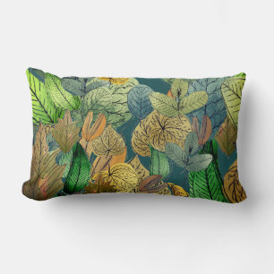 Large Leaf Foliage Green, Brown, Teal, Rust Lumbar Cushion