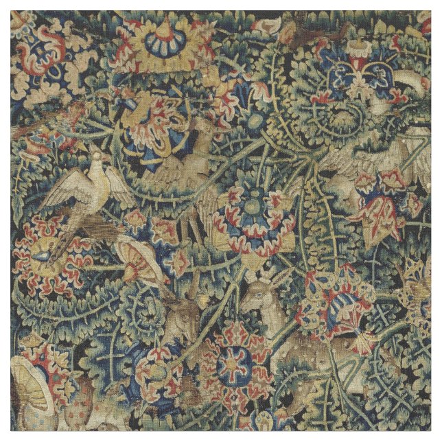 Large Leaf Verdure & Animals Renaissance Tapestry Fabric (Close Up)