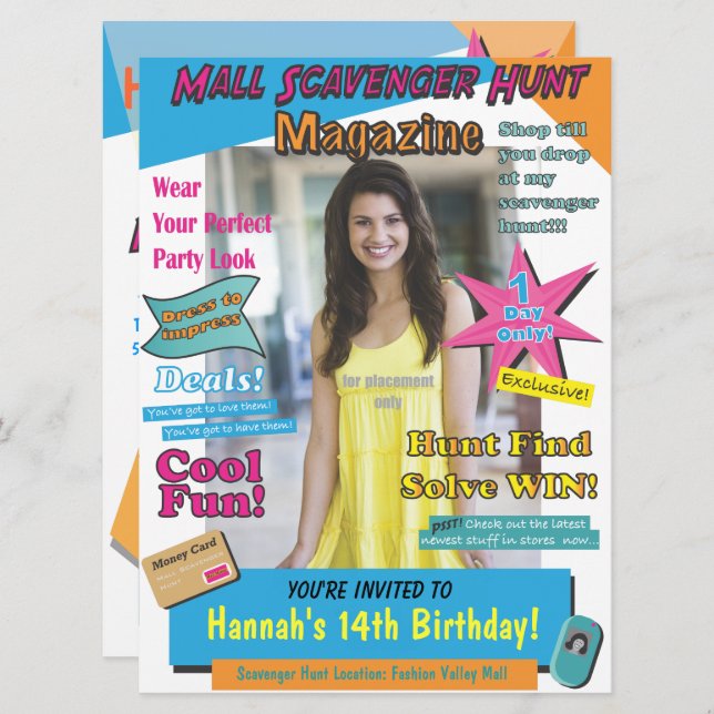 Large Mall Scavenger Hunt Birthday Magazine Cover Invitation (Front/Back)