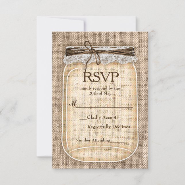 Large Mason Jar & Burlap Lace Rustic Wedding RSVP Card (Front)