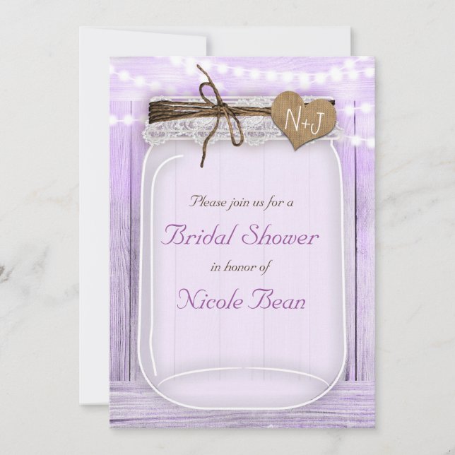Large Mason Jar & Lights Lavender Purple Rustic Invitation (Front)