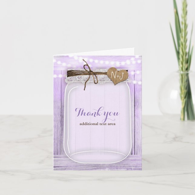 Large Mason Jar & Lights Lavender Purple Rustic Thank You Card (Front)