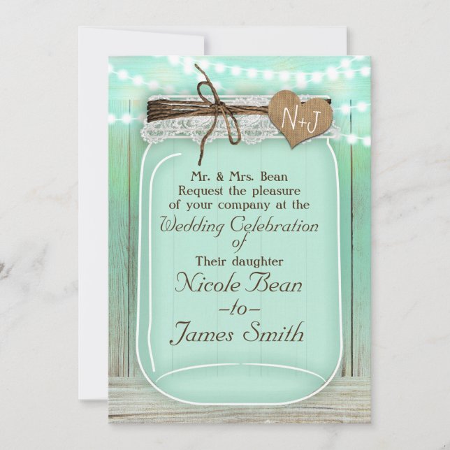 Large Mason Jar & Lights Mint Green Rustic Wedding Invitation (Front)
