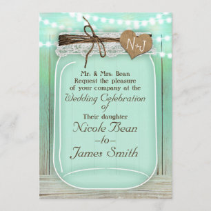 Large Mason Jar & Lights Mint Green Rustic Wedding Invitation