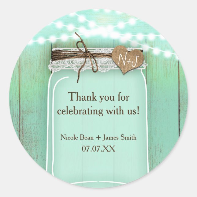 Large Mason Jar & Lights Mint Rustic Favour Classic Round Sticker (Front)