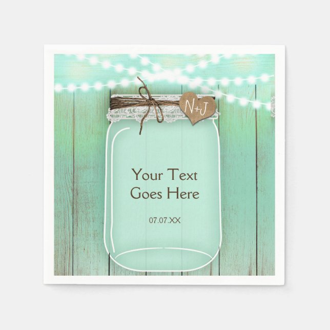 Large Mason Jar & Lights Mint Rustic Wedding Napkin (Front)