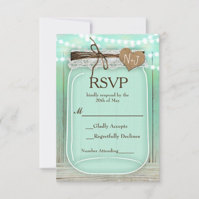 Large Mason Jar & Lights Mint Rustic Wedding RSVP (Front)