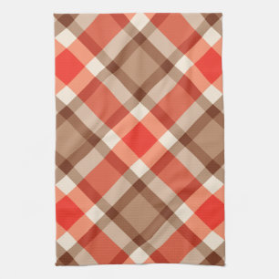 Large Modern Bias Plaid, Coral Orange, Brown & Tan Tea Towel