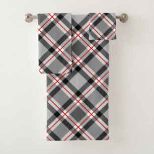 Large Modern Plaid, Black, White, Gray and Red Bath Towel Set