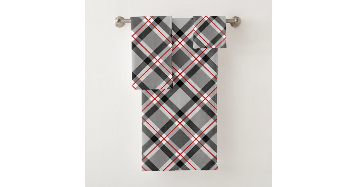 Large Modern Plaid, Black, White, Gray and Red Bath Towel Set Zazzle