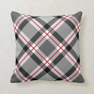 Large Modern Plaid, Black, White, Grey and Red Cushion