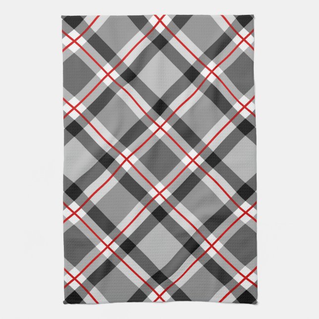 Large Modern Plaid, Black, White, Grey and Red Tea Towel (Vertical)