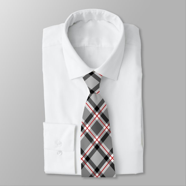 Large Modern Plaid, Black, White, Grey and Red Tie (Tied)