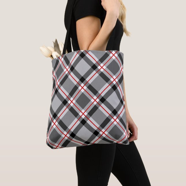 Large Modern Plaid, Black, White, Grey and Red Tote Bag (Close Up)