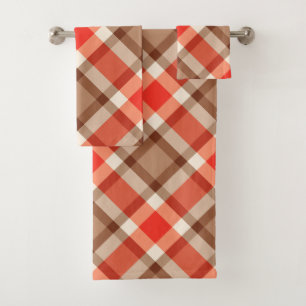 Large Modern Plaid, Coral Orange, Brown & Tan Bath Towel Set