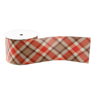 Large Modern Plaid, Coral Orange, Brown & Tan Grosgrain Ribbon