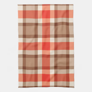 Large Modern Plaid, Coral Orange, Brown & Tan Tea Towel