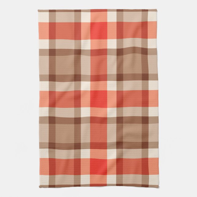Large Modern Plaid, Coral Orange, Brown & Tan Tea Towel (Vertical)