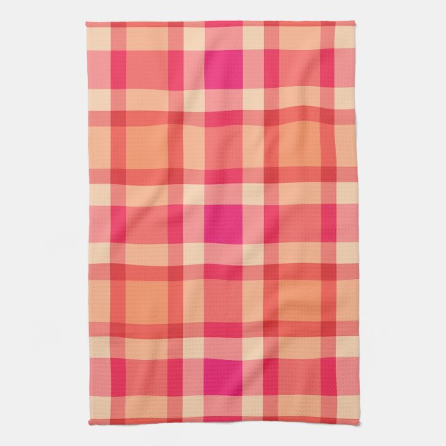 Large Modern Plaid, Orange, Coral and Fuchsia Pink Tea Towel (Vertical)