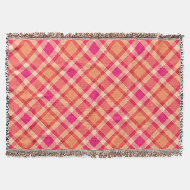 Large Modern Plaid, Orange, Coral and Fuchsia Pink Throw Blanket (Front)