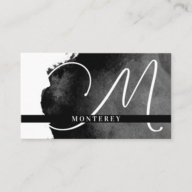 Large Monogram | Black Watercolor Business Card (Front)
