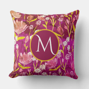 Large Monogram Initial Romantic Burgundy Floral Cushion