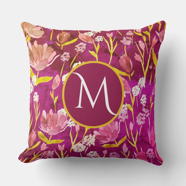 Large Monogram Initial Romantic Burgundy Floral Cushion (Front)
