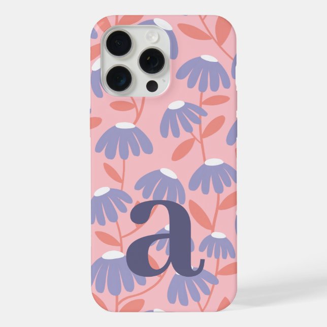 Large Monogram Letter Pink & Blue Floral Pattern iPhone Case (Back)