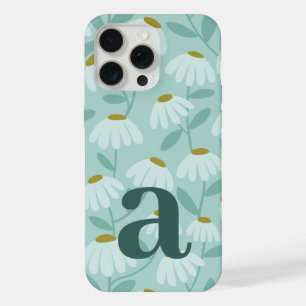Large Monogram Letter Teal Blue Floral Pattern iPhone 15 Pro Max Case