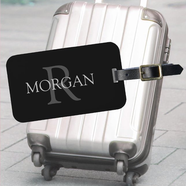 Large Monogram & Name, Black & Grey Text Luggage Tag (Creator Uploaded)