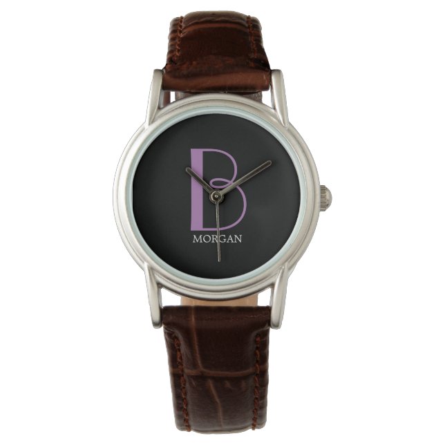 Large Monogram & Name, Lavender/White Text, Black Watch (Front)