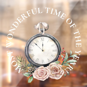 LARGE - Most Wonderful Time, Christmas Clock Rose Window Cling