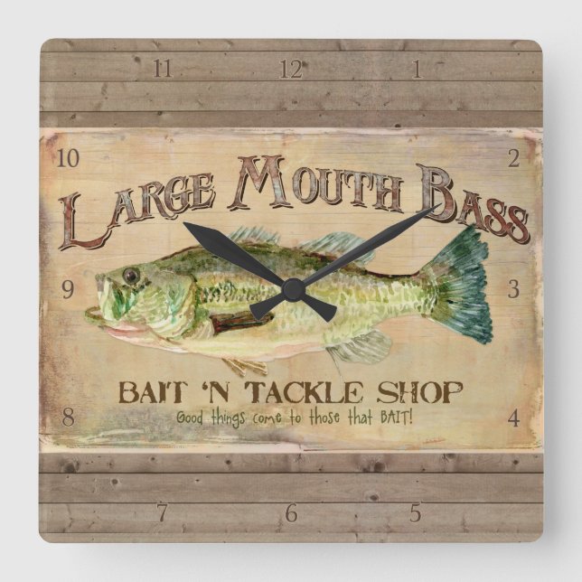 Large Mouth Bass Bait n Tackle Lake Decor Square Wall Clock (Front)
