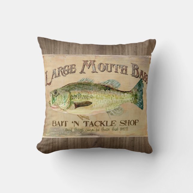 Large Mouth Bass Fisherman Cabin Wood Boards Cushion (Front)