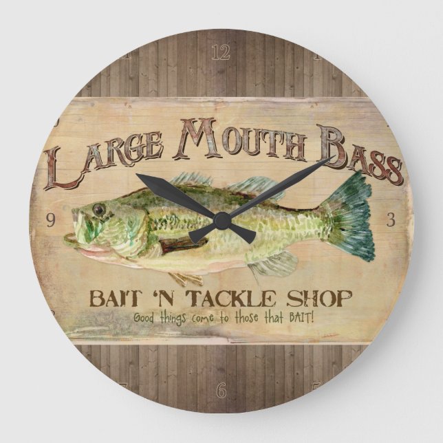 Large Mouth Bass Fisherman Cabin Wood Boards Large Clock (Front)