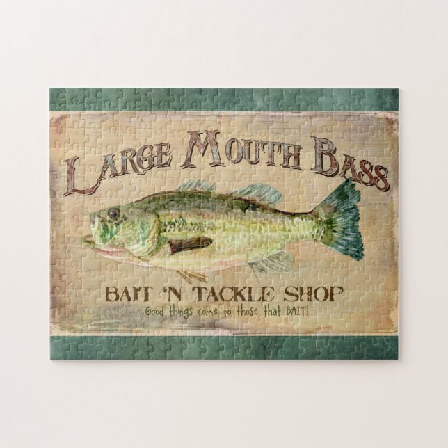Large Mouth Bass Fishing Lake Cabin Decor Blue Jigsaw Puzzle (Horizontal)