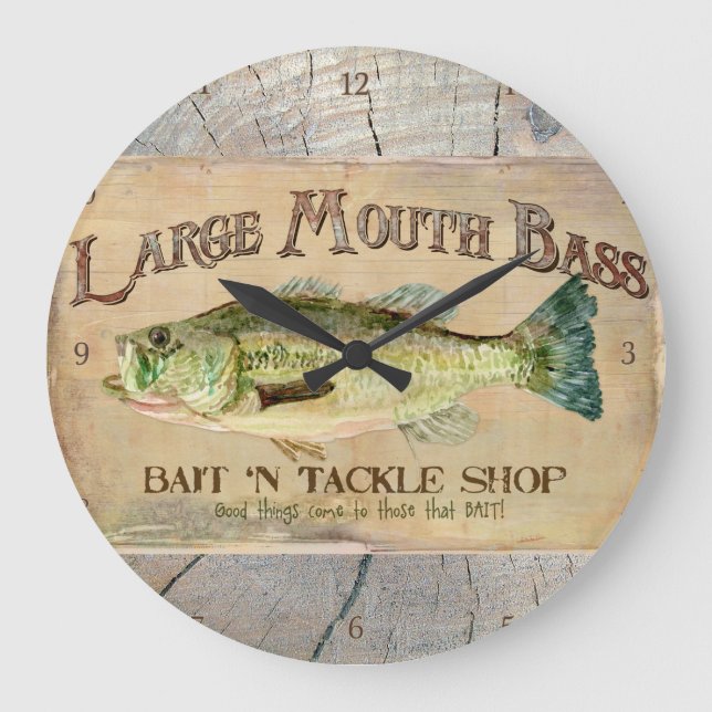 Large Mouth Bass Lakeside Fishing Cabin Wood Clock (Front)