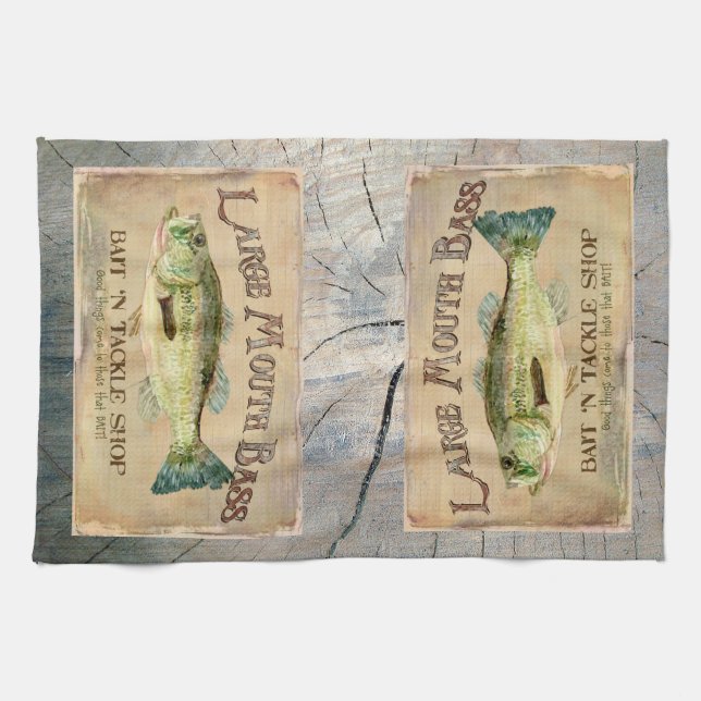 Large Mouth Bass Lakeside Fishing Cabin Wood Tea Towel (Horizontal)