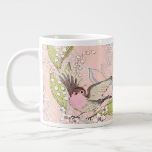 Large Mug with a Peach Floral Background & Bird