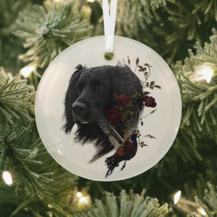Large Munsterlander with pheasant    Glass Tree Decoration