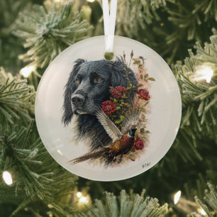 Large Munsterlander with pheasant Glass Tree Decoration