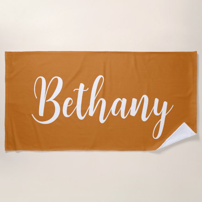 Large Name in White on Deep Yellow Brown  Beach Towel (Front)