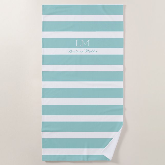 large nautical turquoise blue stripes monogrammed beach towel (Front)